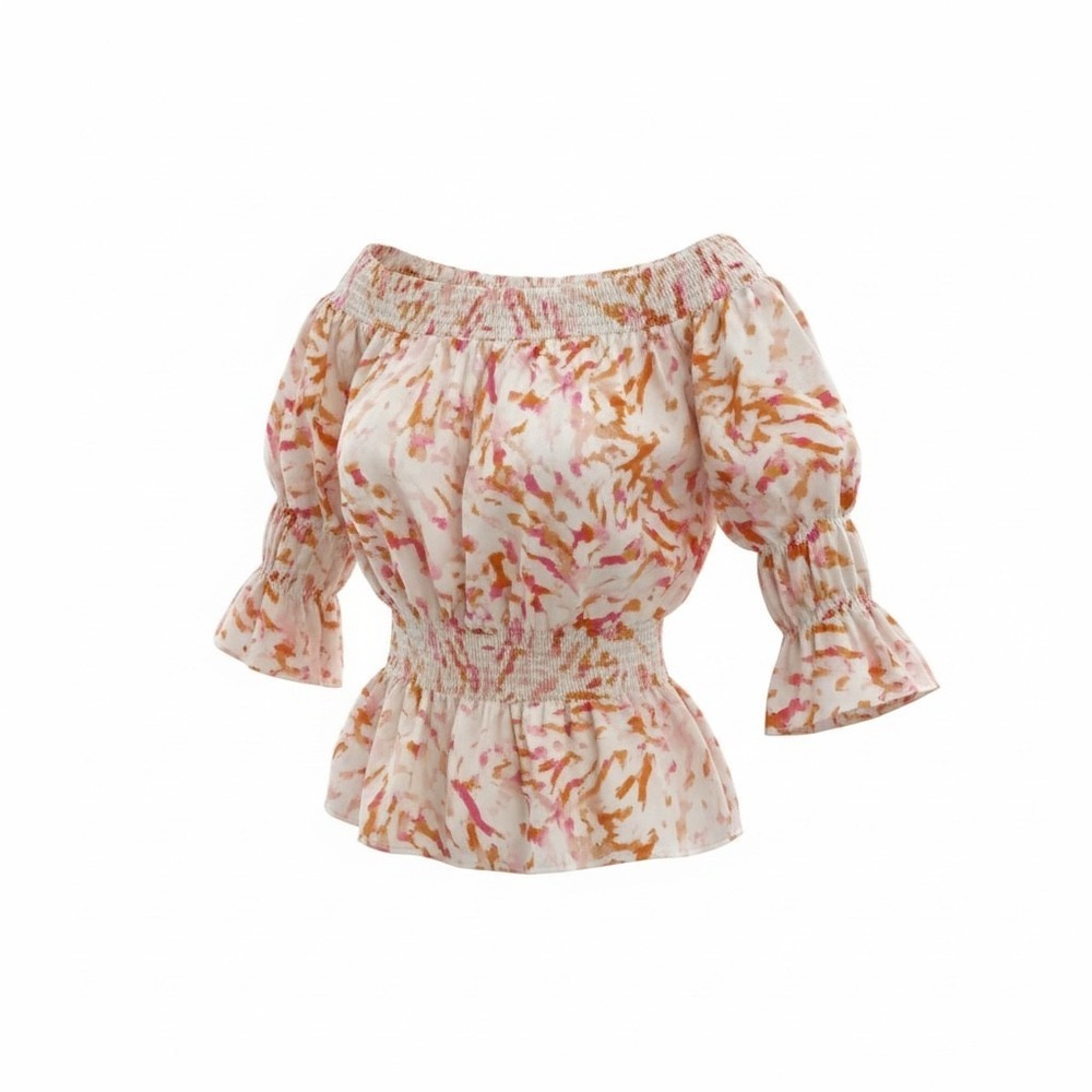 Cabi Drop Off Blouse Smocked Peplum Blouse Pink Orange Abstract Print Size M